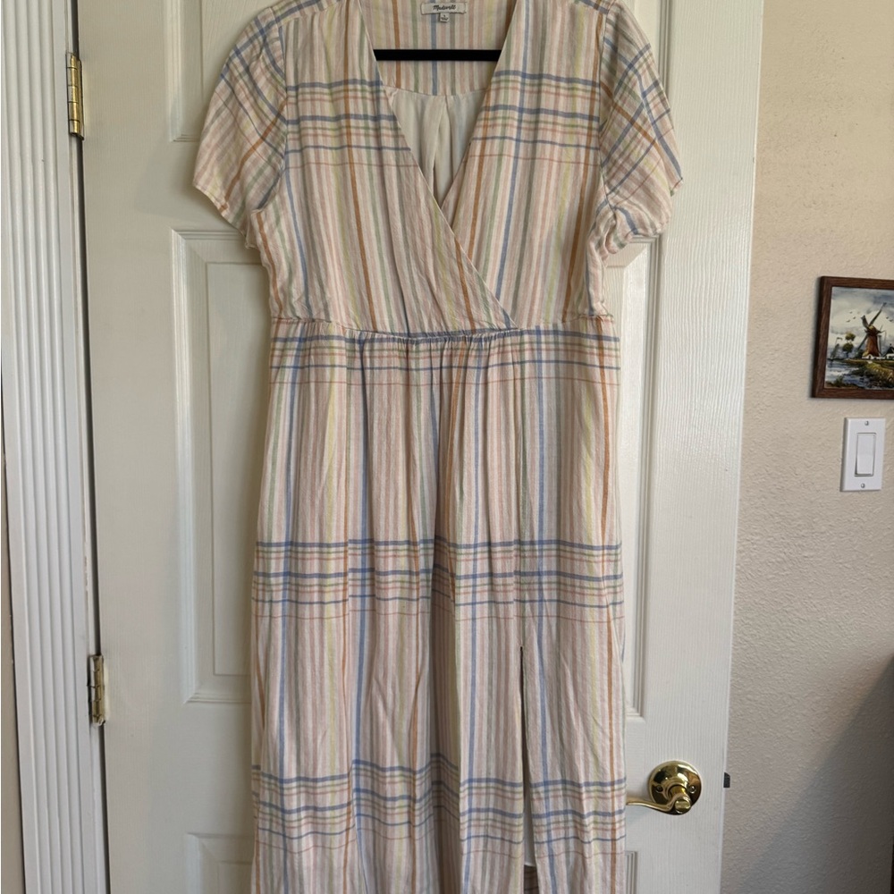 Madewell Cream Plaid Maxi Dress with Pastel Stripes